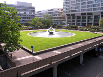 Roof garden (to a car park) at St Thomas's Hospital in London, designed by Yorke Rosenberg Mardall (YRM).