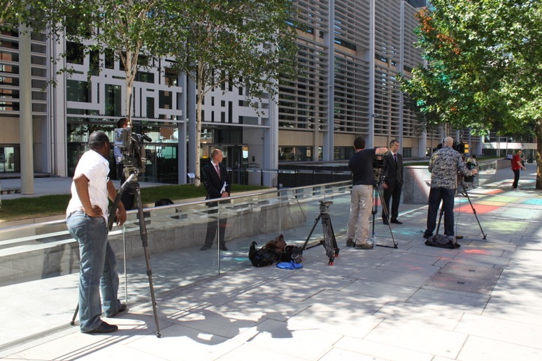 TV crews waiting for Jacqui Smith to resign on 2 June 2009. Note the coloured light on the paving, from a rooftop brise soleil