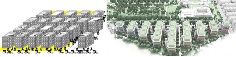 Left: my drawing of a sustainable city. Right: Rogers' drawing for Chelsea Barracks