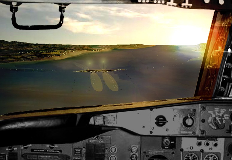 A pilot's landing view of the Thames Estuary Airport. The sun is coming out and he can see the lido where he will relax before his next flight.