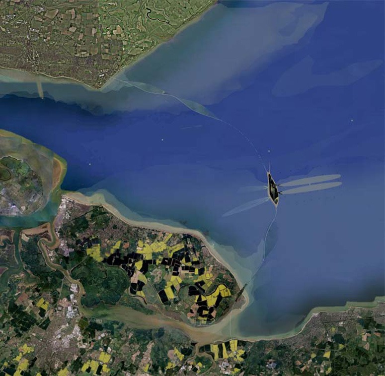 Plan of the Thames Estuary 'Boris Johnson' Airport, showing the river crossing, flood barrier and habitat creation areas