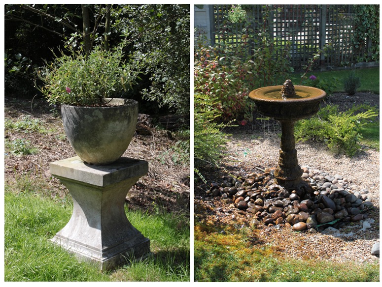 Reconstituted stone garden ornaments develop a patina which depends on where they are placed