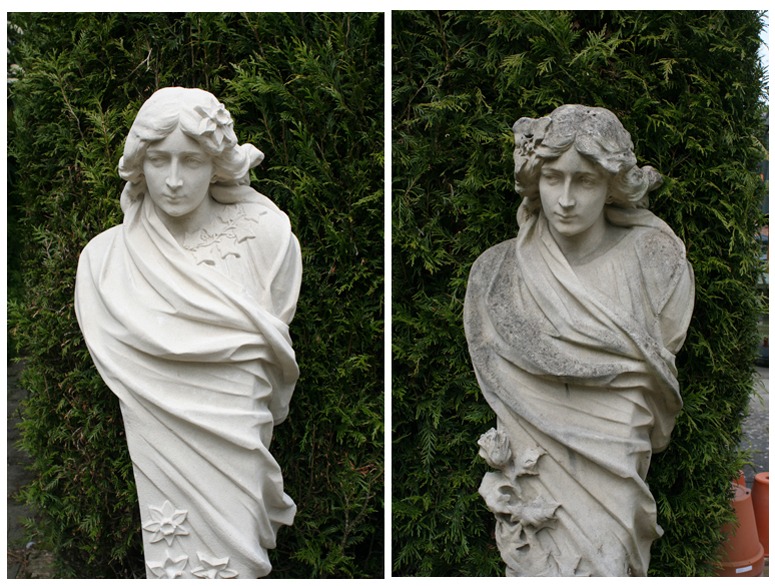 Reconstituted stone: freshly cast (left) and in the early stages of developing a patina (right)