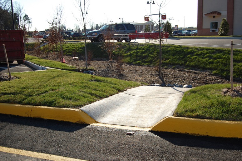 The bioretention facility at LID feature at Harrison Crossing Shopping Center in Spotsylvania County, Virginia.