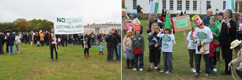 Protesters shout SAVE GREENWICH PARK on 11 October 2009