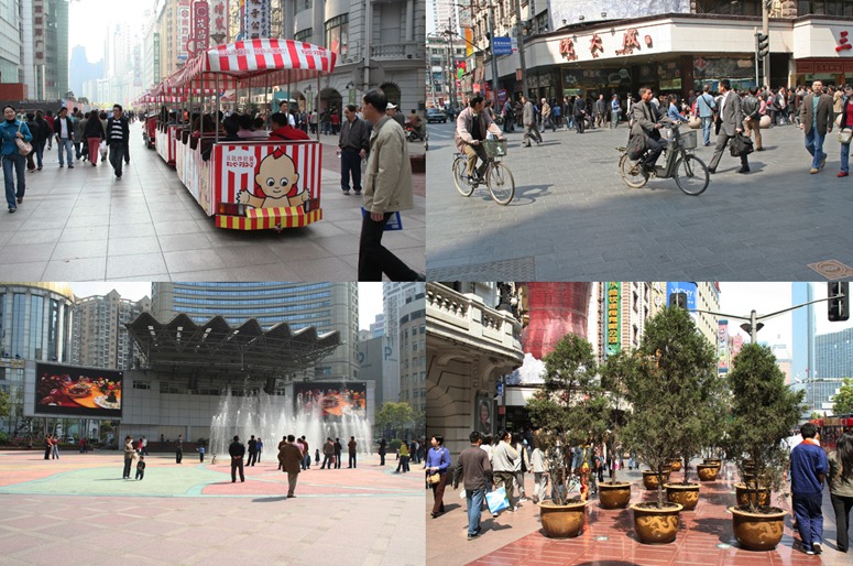 Shared pedestrian-vehicle-plants-fountains-bike-space in Nanjing Street Shanghai