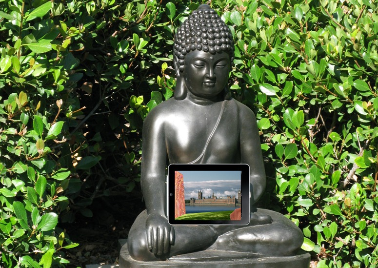Buddha, getting help from an iPad, with an idea for the Chelsea Fringe Flower and Garden Festival
