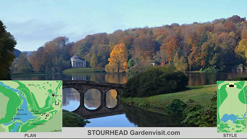 Great English Garden postcard of Stourhead, showing the garden plan and the garden design style